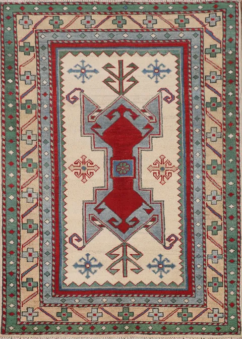 Ivory Wool Geometric Kazak Accent Rug 3x5