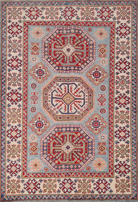 Blue Geometric Kazak Wool Accent Rug 4x6