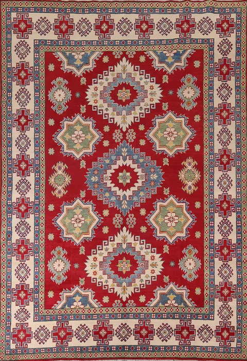 Red Geometric Kazak Oriental Area Rug 8x11