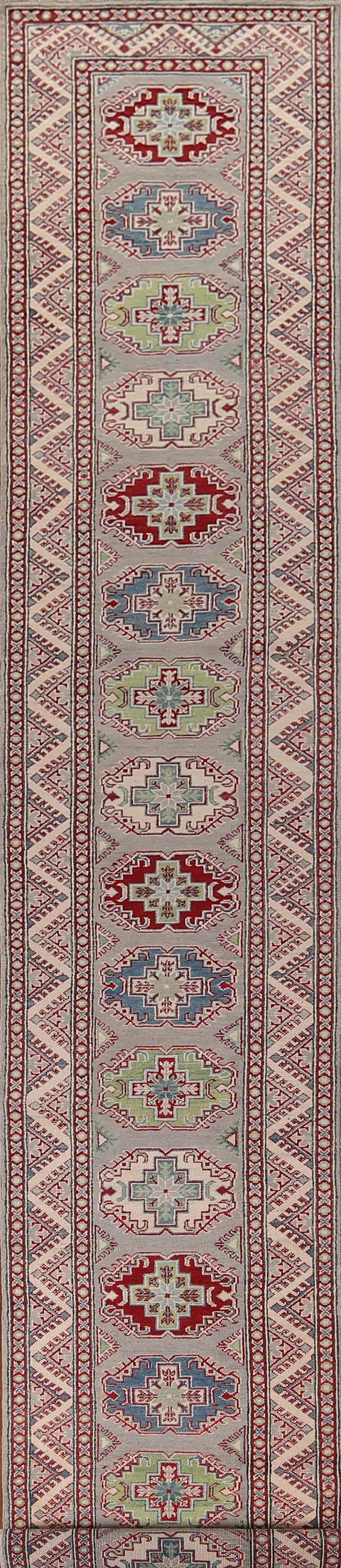 Gray Geometric Kazak Oriental Runner Rug 3x20