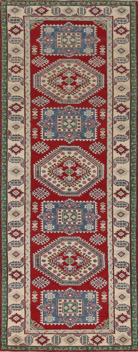 Red Geometric Kazak Oriental Runner Rug 4x13