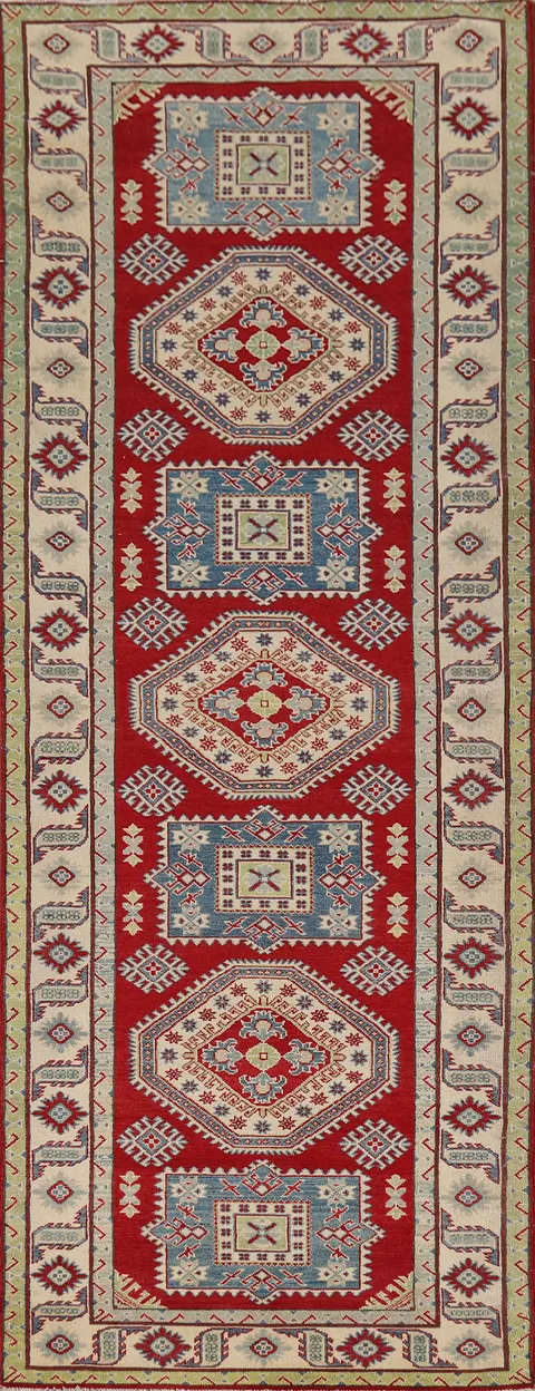 Red Geometric Kazak Oriental Runner Rug 4x14