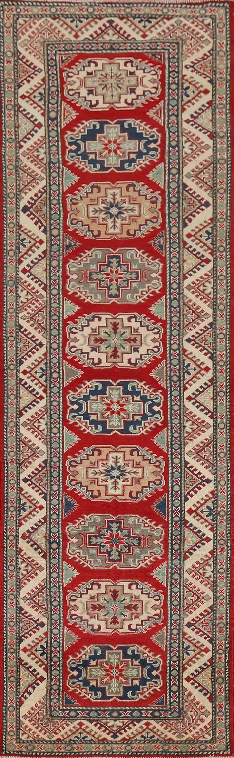 Red Geometric Kazak Oriental Runner Rug 3x11