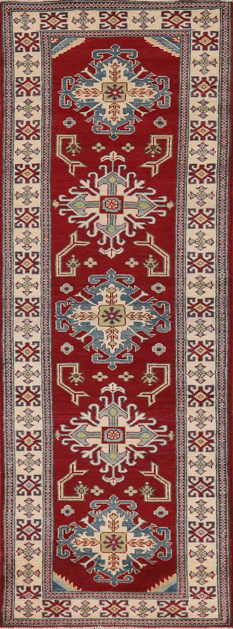 Red Geometric Kazak Oriental Runner Rug 3x10