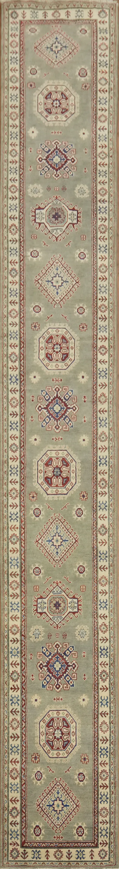 Geometric Tribal Kazak Long Runner Rug for Narrow Hallways 3x19 ft