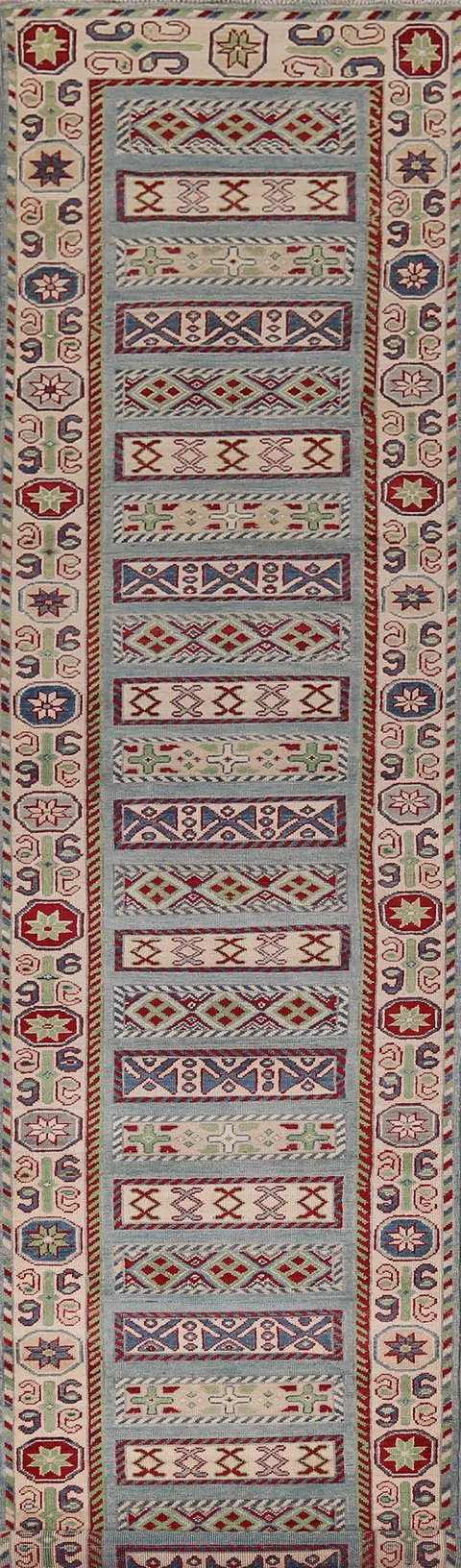 Blue Geometric Kazak Oriental Runner Rug 3x16