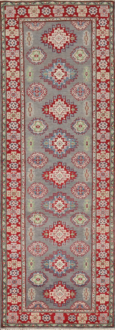 Gray Geometric Kazak Oriental Runner Rug 3x10