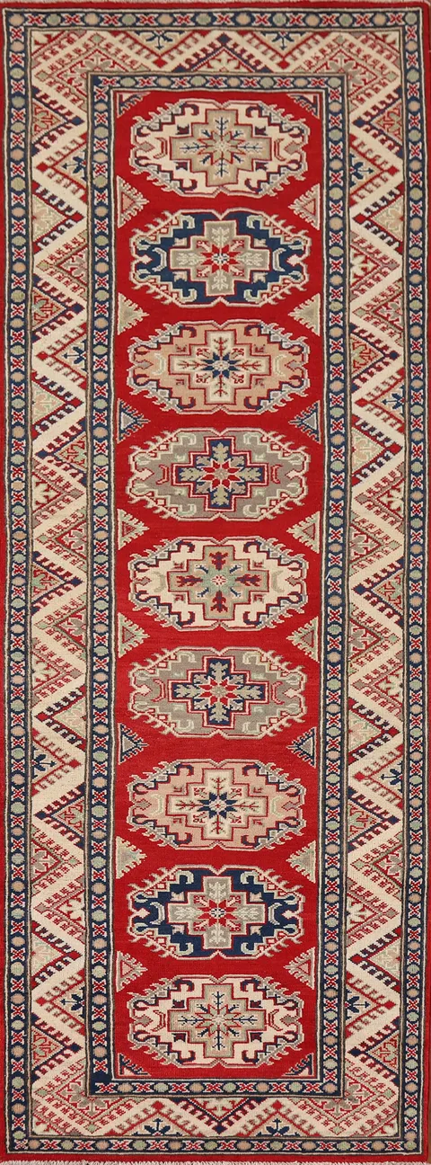 Red Geometric Kazak Oriental Runner Rug 3x9
