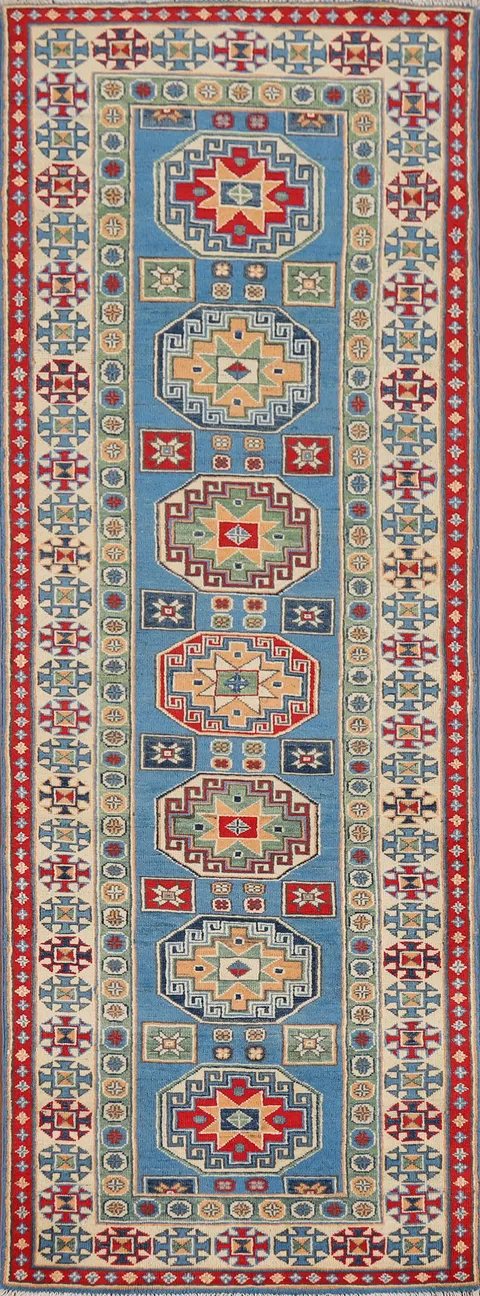 Blue Handmade Kazak Wool Runner Rug 3x10