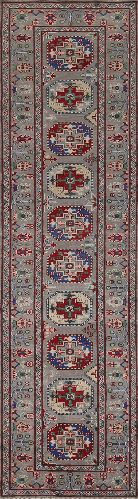 Gray Geometric Kazak Runner Rug 3x13