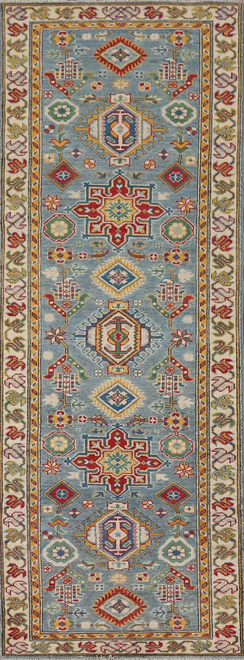 Light Blue Geometric Kazak Oriental Runner Rug 3x10