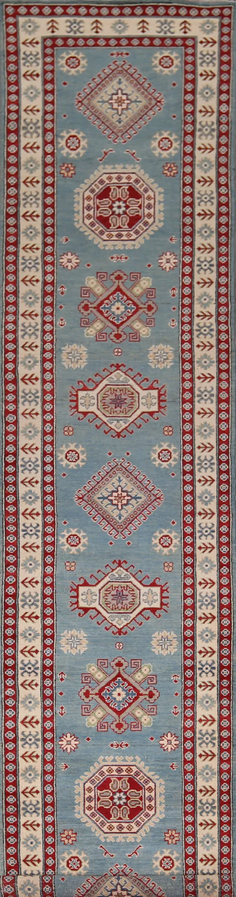 Elegant Medallion Runner with Sky Blue Background and Red Accents 3x15