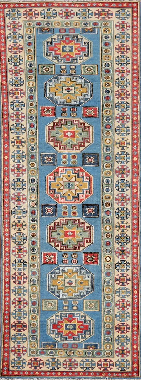 Handmade Blue Kazak Wool Runner Rug 3x9