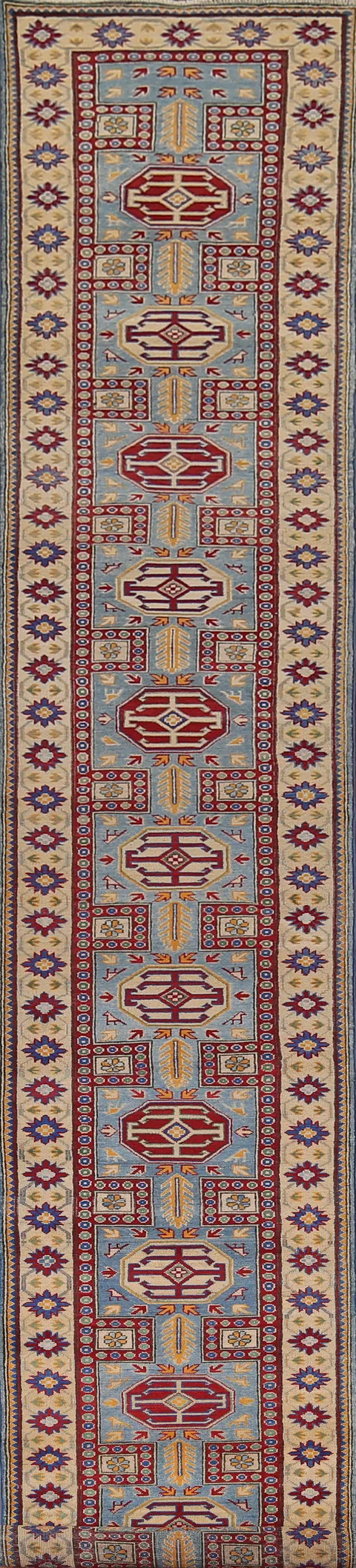 Light Blue Kazak Handmade Runner Rug 3x21