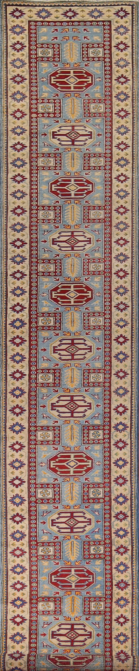 Handmade Blue Kazak Oriental Runner Rug 3x21