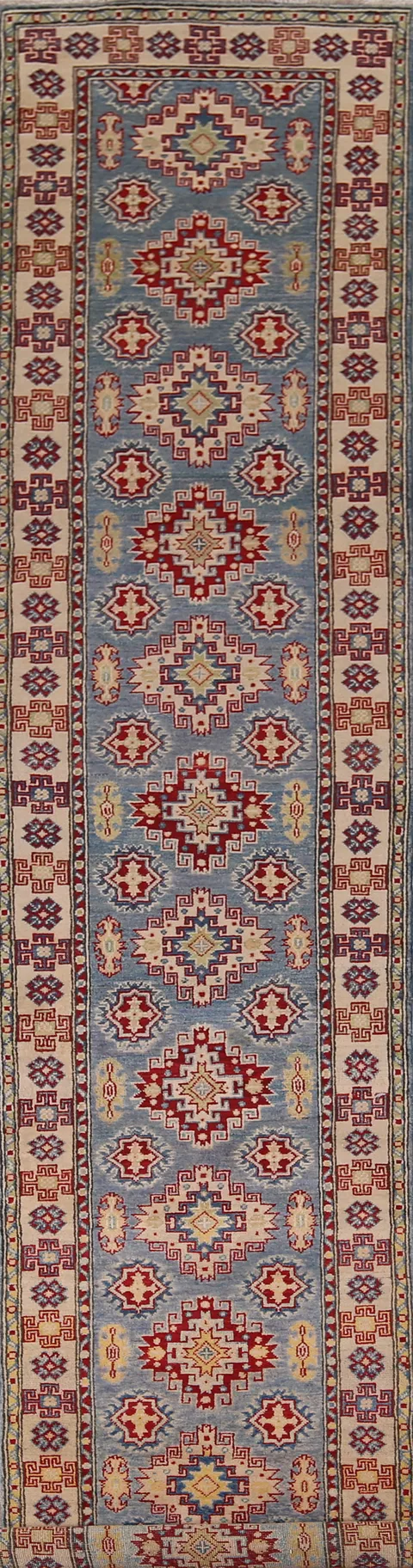 Blue Geometric Kazak Wool Runner Rug 3x16
