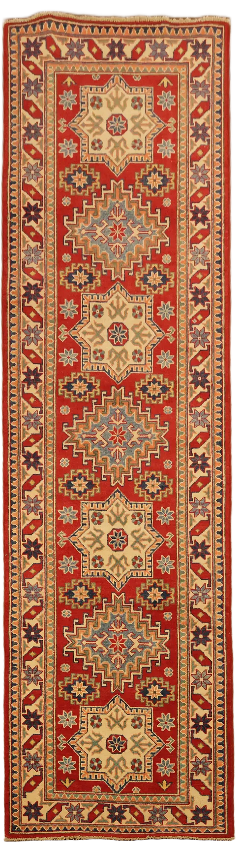Red Geometric Kazak Oriental Runner Rug 3x10