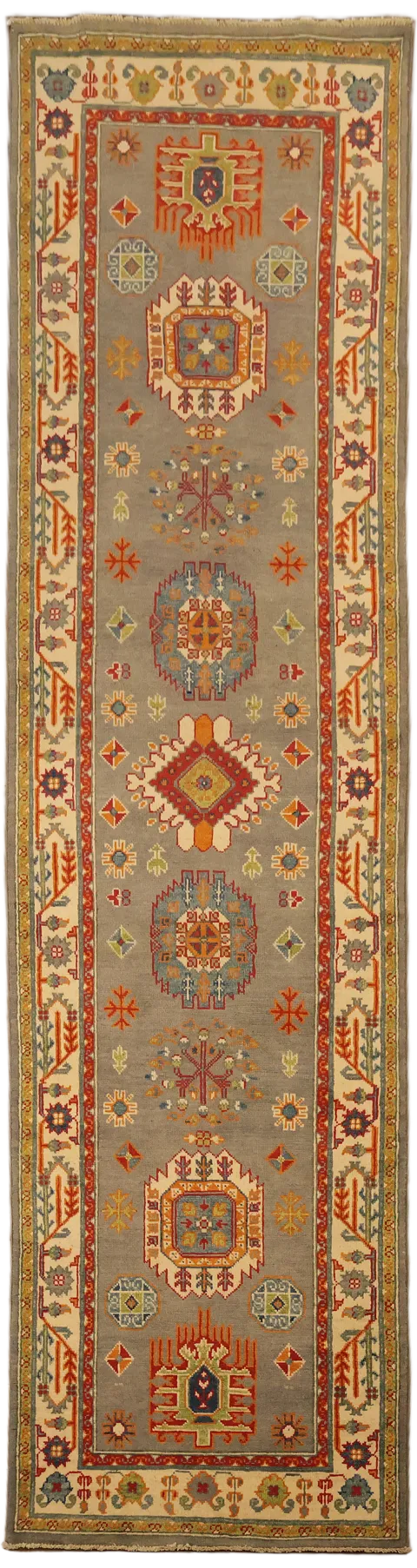 Gray Geometric Kazak Oriental Runner Rug 3x10