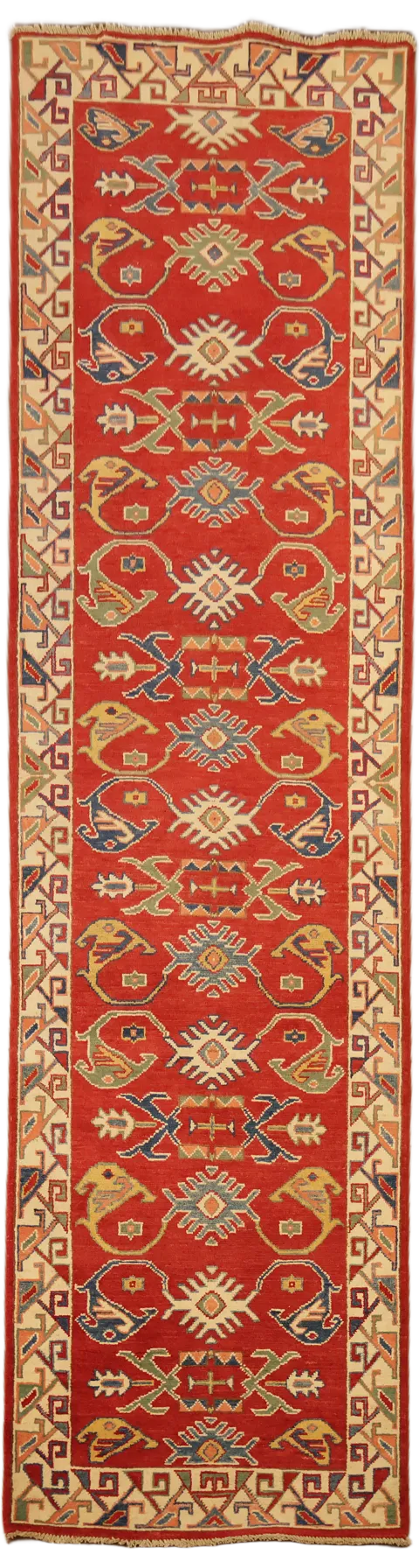 Red Geometric Kazak Oriental Runner Rug 3x10