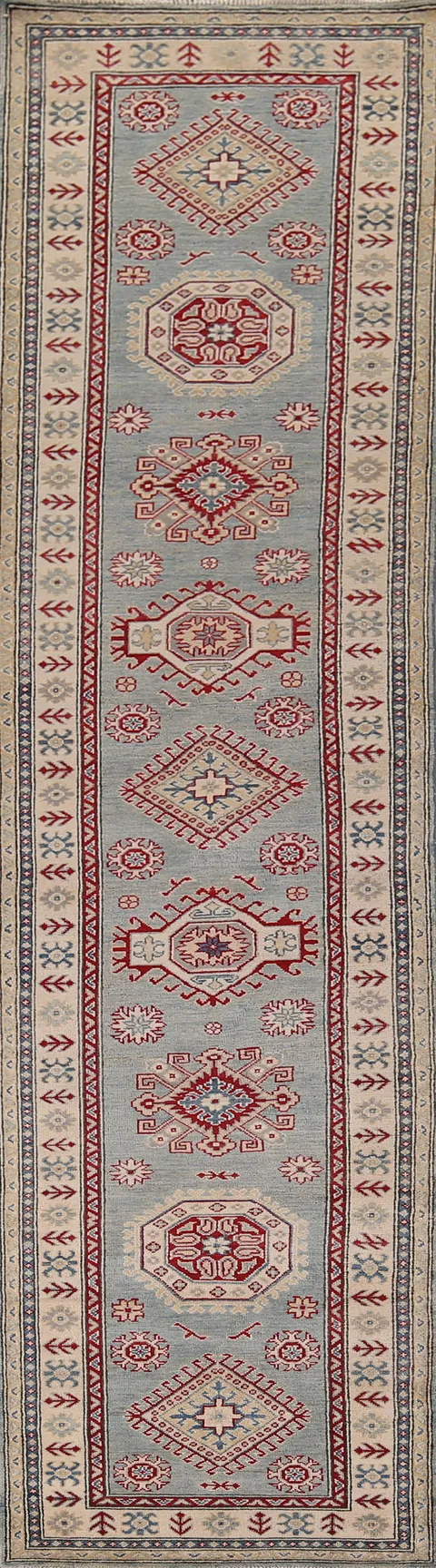 Blue Geometric Kazak Oriental Runner Rug 2x13