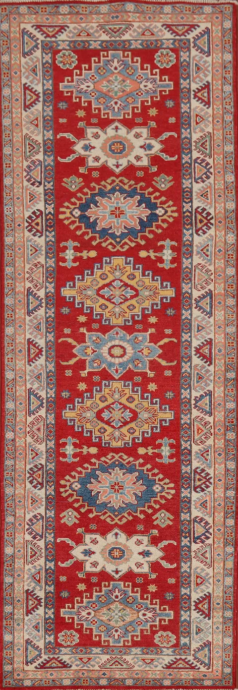 Geometric Red Kazak Oriental Runner Rug 3x9