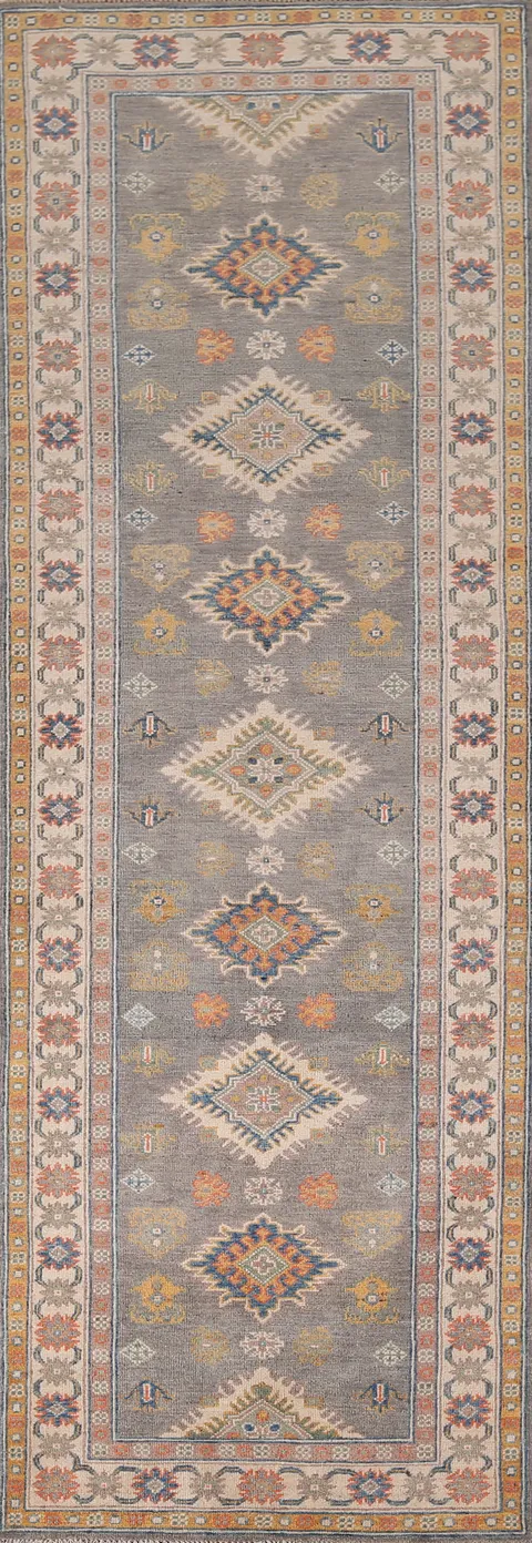 Gray Geometric Kazak Oriental Runner Rug 3x10