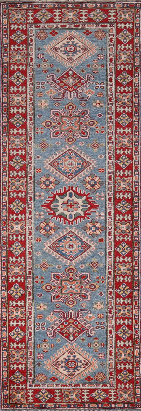 Blue Geometric Kazak Oriental Runner Rug 3x10