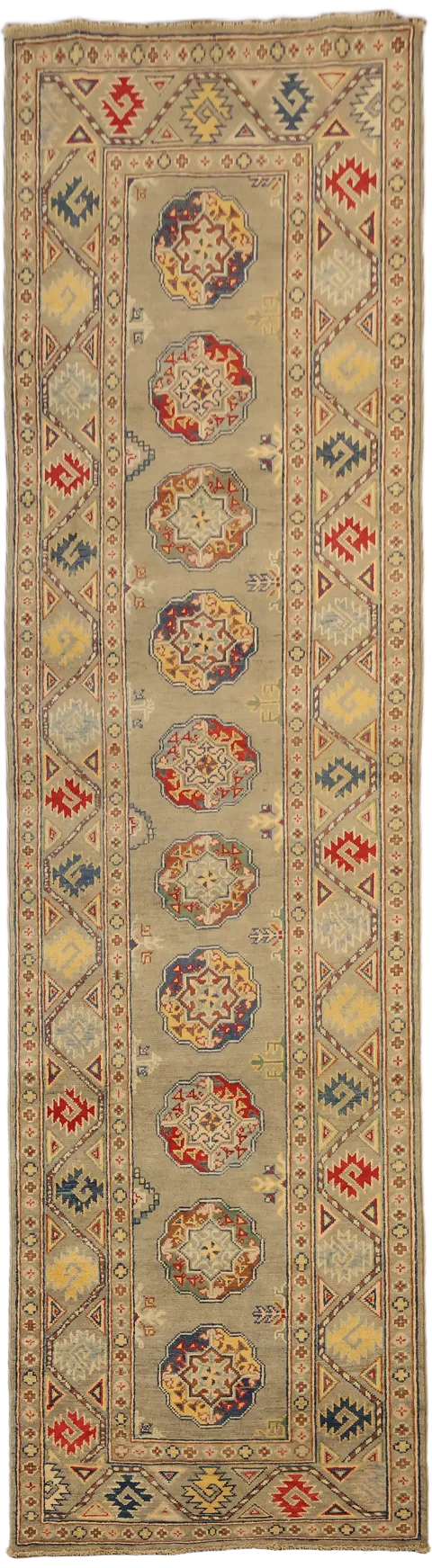 Gray Geometric Kazak Oriental Runner Rug 3x10