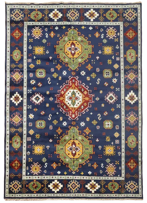 Navy Blue Geometric Kazak Oriental Area Rug 9x12