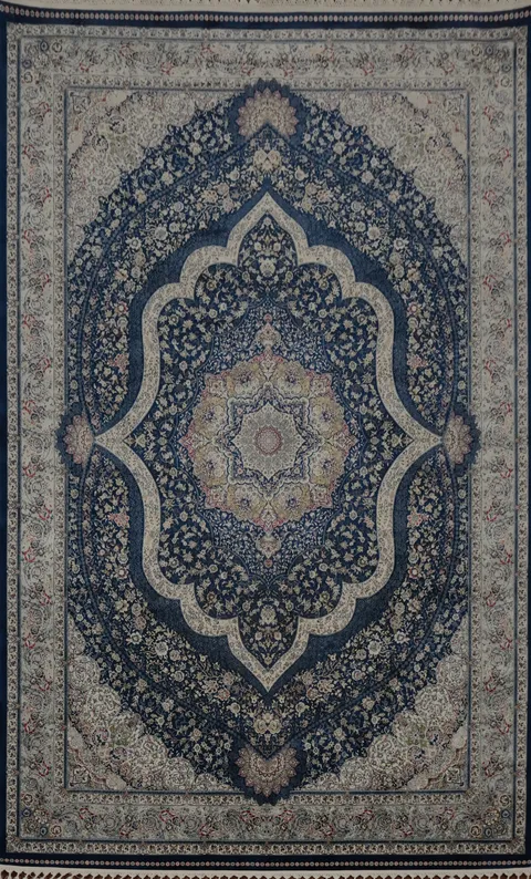 Graceful Blue Qum Turkish Area Rug 7x10 with Ornate Detailing