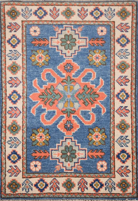Blue Geometric Kazak Oriental Accent Rug 2x3
