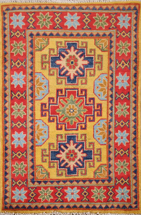 Handmade Yellow Kazak Oriental Accent Rug 2x3