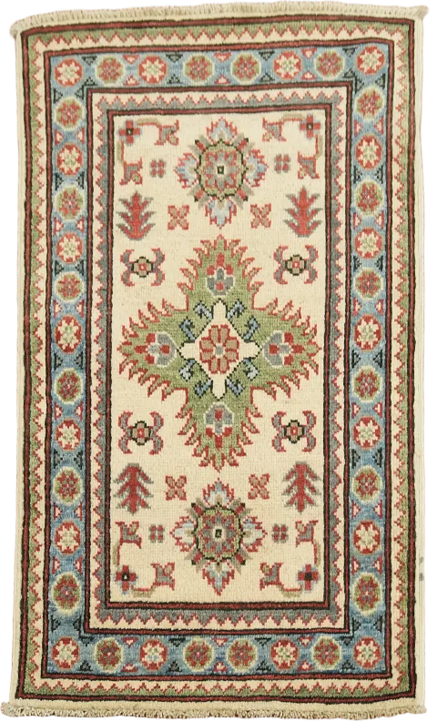 Geometric Cream and Green Kazak Wool Foyer Rug 2x3