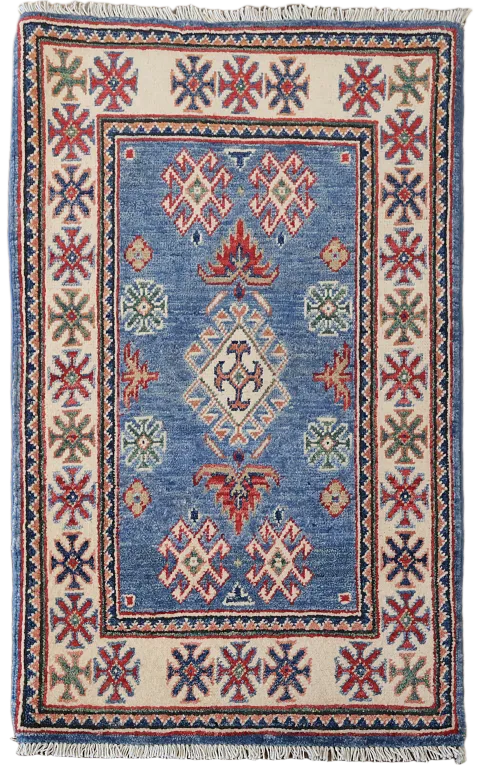Blue Geometric Kazak Wool Foyer Rug 2x3