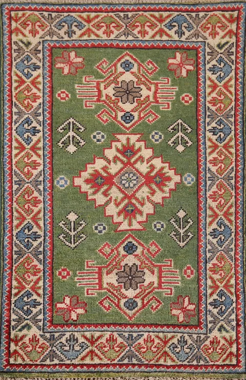 Green Geometric Kazak Oriental Accent Rug 2x3