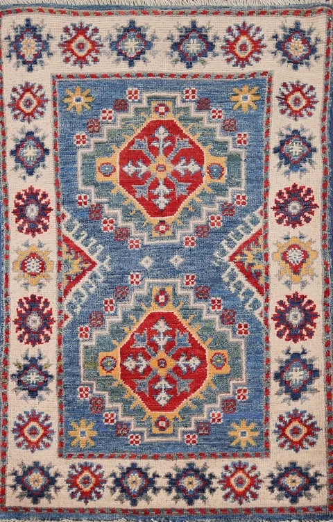 Blue Geometric Kazak Handmade Foyer Rug 2x3