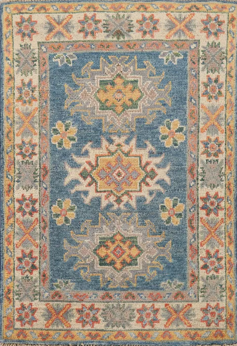 Blue Handmade Wool Kazak Oriental Rug 2x3