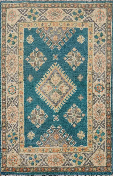Teal Blue Geometric Kazak Oriental Foyer Rug 2x3