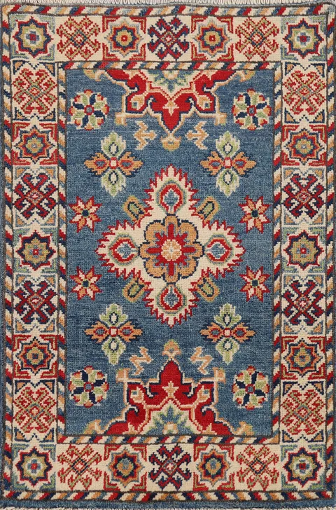 Blue Geometric Kazak Oriental Wool Rug 2x3