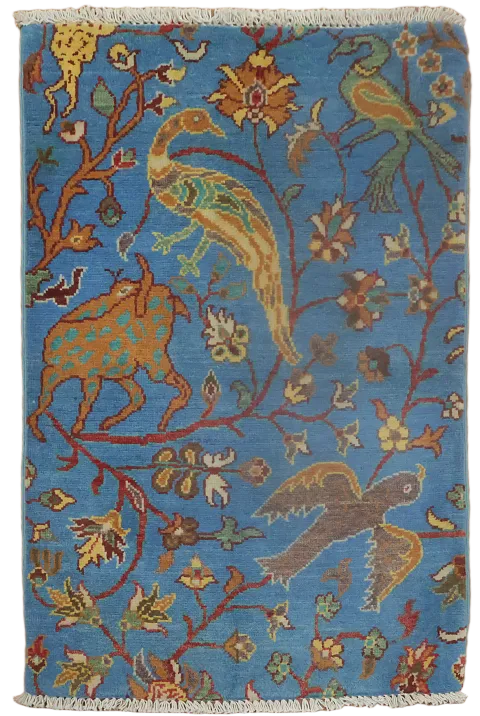 Blue Birds and Intricate Botanical Design Wool Rug 2'x3'