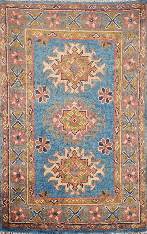 Blue Geometric Kazak Oriental Foyer Rug 2x3