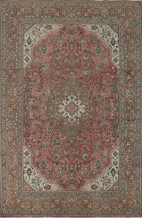 Vintage Pink Geometric Tabriz Persian Area Rug 6x10