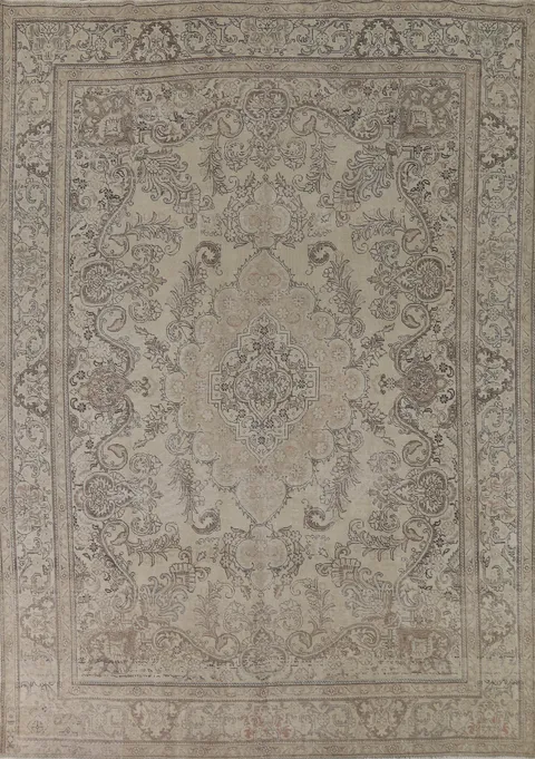 Muted Distressed Wool Tabriz Persian Area Rug 10x12