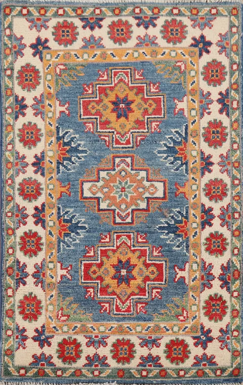 Blue Geometric Kazak Oriental Rug 2x3