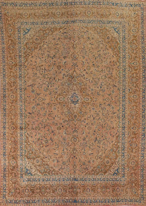 Distressed Wool Floral Mashad Persian Area Rug 9x12