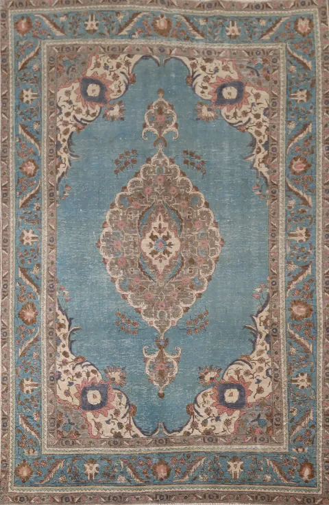 Distressed Blue Tabriz Persian Area Rug 7x10