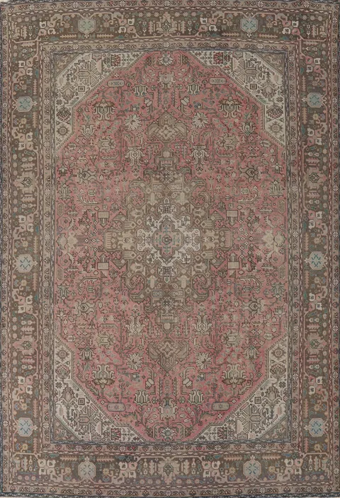 Distressed Pink Geometric Tabriz Persian Area Rug 9x13
