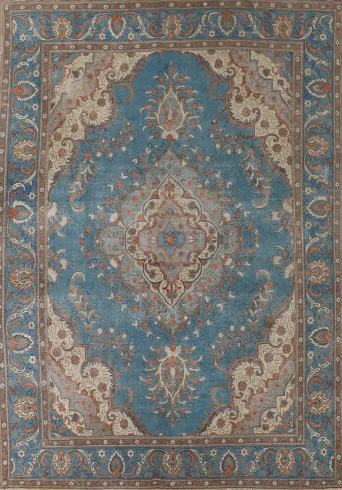 Blue Distressed Tabriz Persian Area Rug 10x13