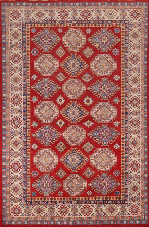 Red Geometric Kazak Living Room Area Rug 7x10