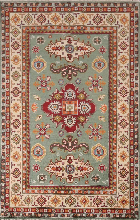 Light Green Geometric Kazak Wool Accent Rug 4x6